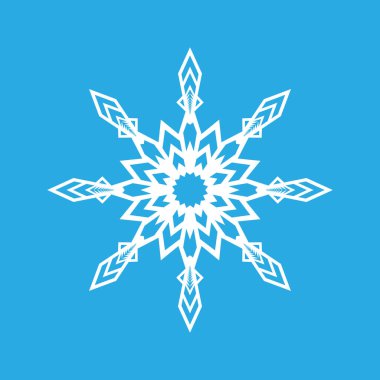Vektör çizimi. Mavi arkaplanda beyaz kar tanesi simgesi. Kış