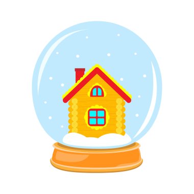 Vektör çizimi. Sihirli cam küre içinde şirin bir ev. Yeni Yıl ve Noel illüstrasyonu