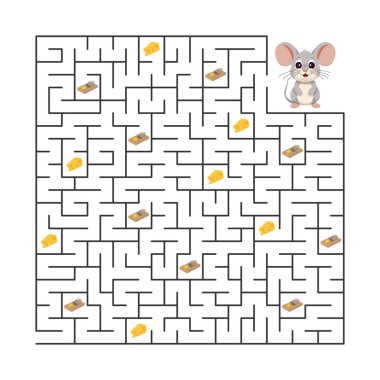 Vektör çizimi. Çocuk yapbozu. Farenin peynir toplamasına yardım et ve fare kapanına düşmeden labirentten çıkmanın bir yolunu bul.