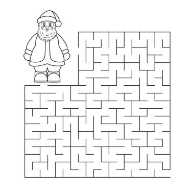 Siyah ve beyaz vektör çizimi. Çocukların eğitici oyunu doğru yolu bulmaktır. Noel labirenti bir bulmaca. Boyama kitabı. Çocuklar Noel Baba 'nın yolunu bulmasına yardım eder