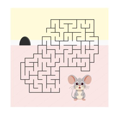 Vektör çizimi. Çocukların bulmaca oyunu. Farenin labirentten çıkmasına yardım et. Renk illüstrasyonu