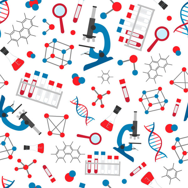 Векторный бесшовный рисунок на белом фоне на тему ДНК, анализ крови. Химия. Медицина.
