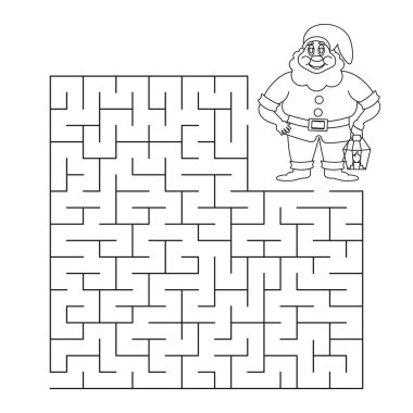 Black and white vector illustration. Childrens educational game labyrinth - help the gnome find the right path. Coloring book. clipart