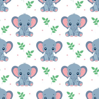 Şirin fil ve bitkinin çocuksu, kusursuz deseni. Tekstil hediye paketi için hayvan duvar kağıdı.