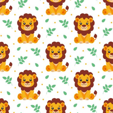 Sevimli aslan ve bitkinin çocuksu, pürüzsüz deseni. Tekstil hediye paketi için hayvan duvar kağıdı.