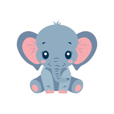 Oturan sevimli bir filin sevimli görüntüsü. Beyaz arka planda izole edilmiş. Vektör