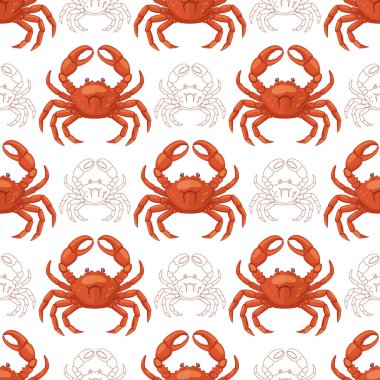 Kırmızı yengeçleri, renklerine renk katan el değmemiş beyaz bir arkaplanda canlı bir şekilde gösteren büyüleyici ve kusursuz bir desen.