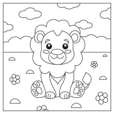 Bu, açık gökyüzünün altındaki güzel bir tarlada mutlu bir şekilde oturan sevimli bir yavru aslanı tasvir eden büyüleyici bir siyah beyaz çizim.