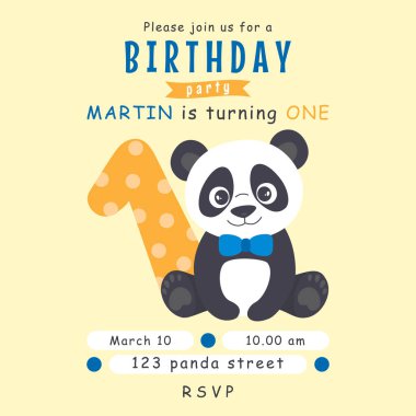 Şirin panda ilk doğum günü davetiye kalıbı bir erkek için. Vektör illüstrasyonu.