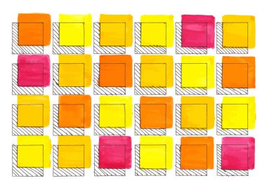 Parlak suluboya geometrik desen. Boyayla çizilmiş kareler ve hat boyunca uzanan çizgiler. Damalı desen, beyaz arkaplanda mürekkep kareleri. Vektör illüstrasyonu.