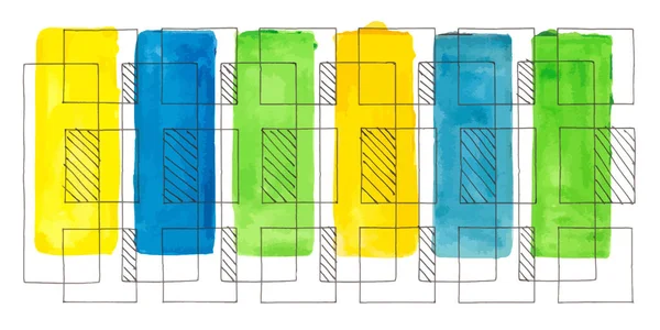 Arkaplan desenli kareler ve parlak suluboya lekeli dikdörtgenler. Soyut geometrik vektör çizimi.