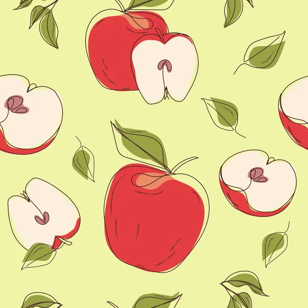 stock vector Ripe apples, apple halves and leaves. Fruit seamless pattern background. Hand drawn line vector illustration. Pattern for modern design of fabric, wallpaper, stationery, textile.