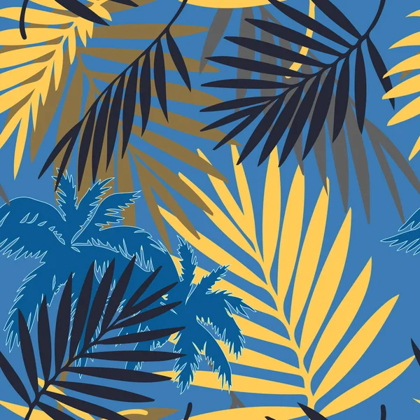带热带树叶和棕榈树的无缝图案 矢量彩色拼贴自然无缝图案 丛林里的指纹纺织品和印刷品的异国设计 — 图库矢量图片