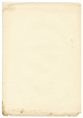 Arkaplan için eski kağıt dokusu. Yaş yüzünden pürüzlü kenarları ve lekeleri olan eski, yatay bir kağıt. Kahverengimsi boş kağıt sayfası.