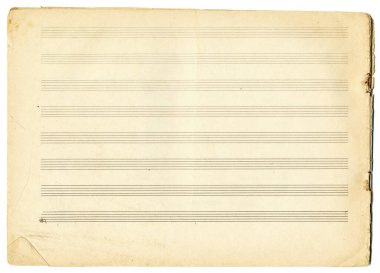 Nota yazmak için bir satırda açık kahverengi nota sayfası. Anahtarı olmayan beş satırlık personel. Yaş lekeleri olan klasik yatay müzik sayfası. Tasarım için müzik gösterimi ögeleri