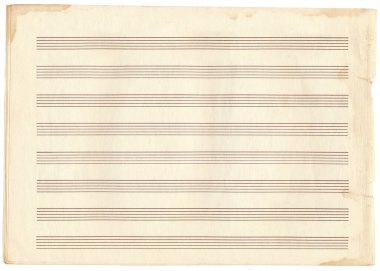 Notaları kaydetmek için cetveldeki boş retro nota kağıtları. Anahtarı olmayan beş satırlık personel. Yaş ve yırtık kenarlı lekelerle birlikte yatay müzik sayfası.