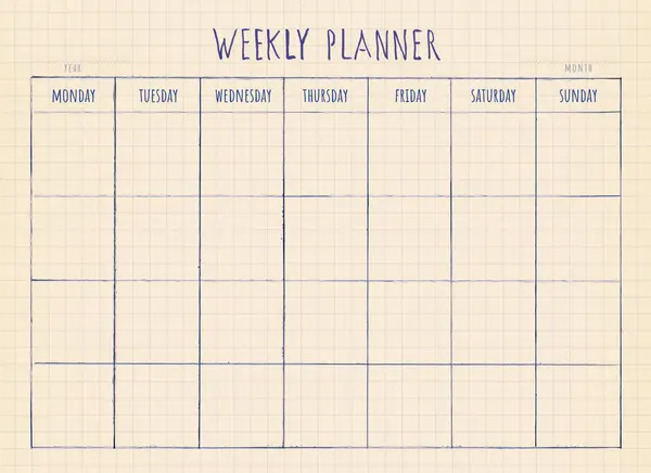 Minimalist Weekly planner blank. Schedule, weekly overview, organizer. Vintage hand drawing template. Checkered sheet of paper from notebook.