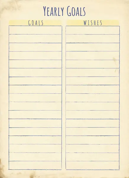 Yearly goals and wishes design. Empty planner blank. Vintage hand drawing template. Lined sheet of paper for your goals and wishes.