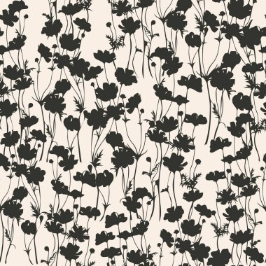 Açık arkaplandaki çayır çiçekleri siluetleri. Siyah ve beyaz, klasik vektör pürüzsüz desen. Ev tekstil, iç mekan, çarşaf, pamuk kumaş, duvar kağıdı için hoş, zarif bir çiçek arkaplanı..