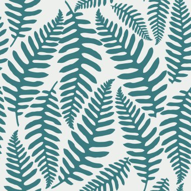 Arkaplanda yapraklar olan kusursuz bir desen. Egzotik bitkilerin siluetleri olan güzel, zarif bir baskı. Botanik tasarım.
