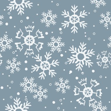 Gri zemin üzerinde kusursuz beyaz kar taneleri deseni. Noel temasının baskısı. Kumaş, tekstil, ambalaj, kapak vs. için düz vektör tasarımı.