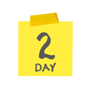 Ayın ikinci günü. 2 günü işaretle. Viski ve el yazısıyla yazılmış yazı tipi olan sarı etiket. Beyaz arkaplanda izole edilmiş çizim. Vektör illüstrasyonu.