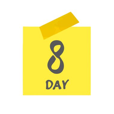 Ayın sekizinci günü. 8 gün. Viski ve el yazısıyla yazılmış yazı tipi olan sarı etiket. Beyaz arkaplanda izole edilmiş çizim. Vektör illüstrasyonu.