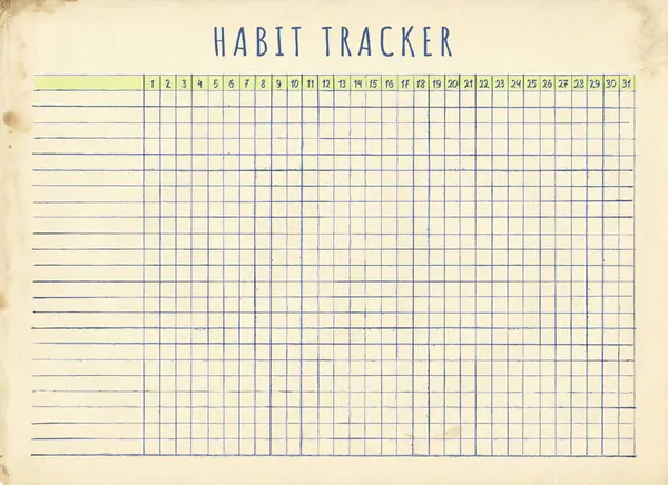 Habit tracker design, monthly planner blank. Letter format. Vintage hand drawn template on retro paper with stains. Checkered sheet of paper from a notebook.