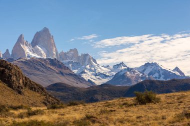 Argentinian pampas grassland with a view of the Fitz Roy mountain in the background, near the town of El Chalten in Patagonia.