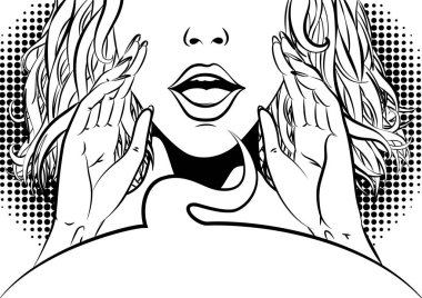 Renkli çizgi roman kızı. Açık ağızlı, pop sanatçısı bir kadın yüzü. Konuşma balonu olan genç bir kadın. Popüler sanat retro tarzında vektör illüstrasyonu. Parti davetiyesi posteri.