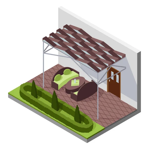 Composizione Isometrica Del Cortile Interno Con Patio Casa Con Terrazza — Vettoriale Stock