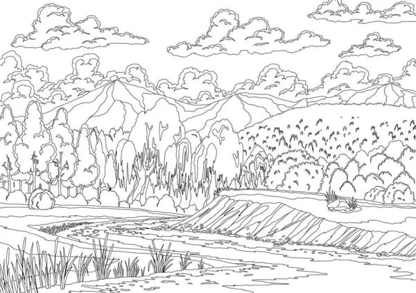 Landscape with river flowing through hills, scenic fields, forest and mountains. Beautiful scene with river bank, trees and clouds. Coloring style illustration.