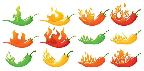Kryddig Nivå Hot Chili Peppar Ikoner Som Med Låga Och — Stock vektor