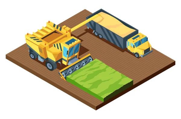アイソメトリックコンバインドハーベスター 農業機械はフィールドでトラックに小麦を収集し コンセプトファーム自然農業 ベクトル漫画エコ食事業界 — ストックベクタ