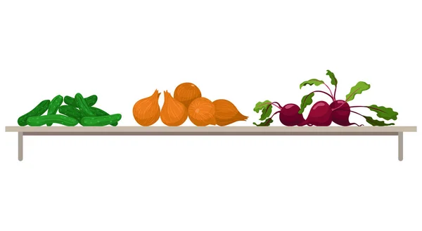 Ράφι Λαχανικά Ποικιλία Φρέσκων Λαχανικών Αγρότες Σημειώνουν Παντοπωλείο Μηδενικά Απόβλητα — Διανυσματικό Αρχείο