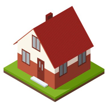 Ev yapımı Isometric sahnesi. Modern inşa sürecinin görselleştirilmesi. Peyzaj tasarımı aşaması.
