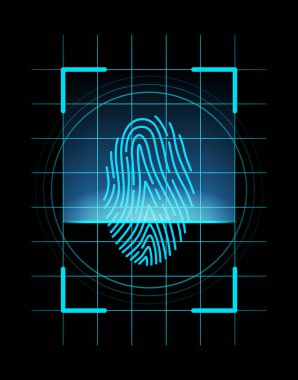 Parmak izi tanımlaması. Parmak izi, güvenlik ya da tanımlama sistemi konseptini tara. Fütürist teknoloji. Biyometrik veri tasarımı. Başparmak çizgileri ve vektör illüstrasyonuna dayalı güvenlik sistemi.