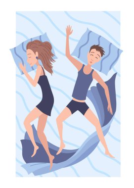 Sleep peoples on bed. Characters lying posture during night slumber. Top view asleep couple at bedroom. Female and male night dream position.