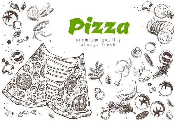 Bannière Ligne Pizza Fond Griffonné Style Doodle Des Pizzas Savoureuses — Image vectorielle