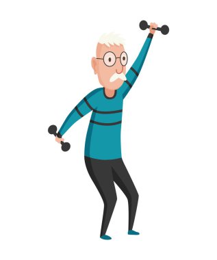 Yaşlı insanlar egzersiz yapar. Yaşlı bir erkeğin sağlıklı aktif yaşam tarzı. Yaşlılar sabah jimnastik yapıyor. Yaşlı adam dambıllarla egzersiz yapıyor..