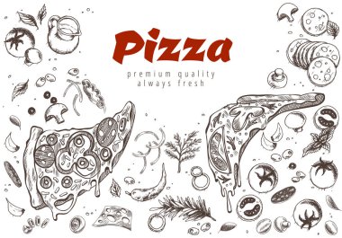 Pizza hattı afişi. Kabartmalı karalama arkaplanı. Soslu pizza reklamları. Kafe, restoran veya yemek dağıtım servisi için lezzetli vektör pankartı.