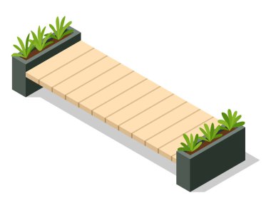 Isometric benche ikonu. Eko sokak koltukları. Şehir parkında çiçek tarhlı modern tasarım öğesi. Dinlenmek, dinlenmek ve piknik yapmak ya da arkadaşlarla tanışmak için.