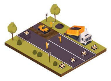 İzometrik yol inşaatı konsepti. İşçi, profesyonel ekipman ve ulaşım. Asfalt sıkıştırma yolu, inşaat tamiri altında yol tabelası yok..