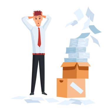 Ofis evrakları. Bir yığın belgesi olan bir ofis çalışanı. Görevli konsept adam stresli ve çok çalışıyor. Bürokrasi ve aşırı çalışma.