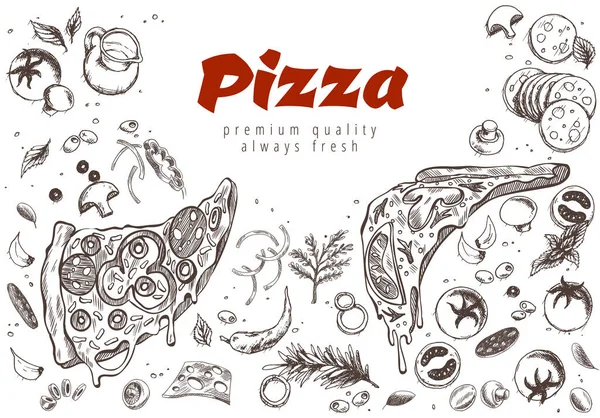 Pizza Line Banner Estilo Grabado Doodle Fondo Anuncios Pizza Salados — Vector de stock