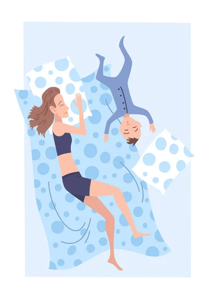 Slaap Mensen Bed Karakter Liggende Houding Tijdens Nachtrust Bovenaanzicht Slapende — Stockvector