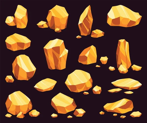 Nuggets Mina Ouro Conjunto Ícones Vetoriais Jogo Dourado Kit Pedra — Vetor de Stock