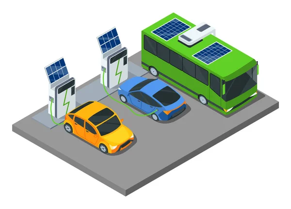 Isometrische Elektro Ökotransporte Elektromobile Und Stadtbus Fahrzeug Ladestation Mit Sonnenkollektoren — Stockvektor