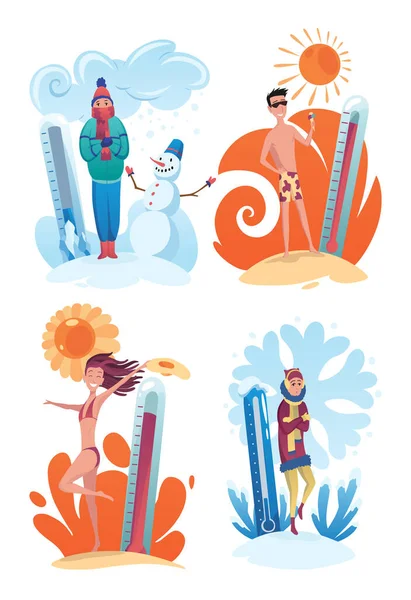 Clima Frío Caliente Meteorología Termómetros Ilustración Personajes Dibujos Animados Temporada — Archivo Imágenes Vectoriales