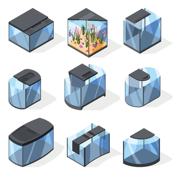 Isometrische Aquarium Moderne Minimalistische Stijl Verschillende Vormen Transparante Acryl Kunststof — Stockvector